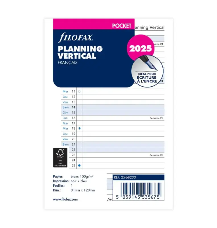 FILOFAX Recharge Pocket 2024 Planning Annuel Vertical Blanc Français