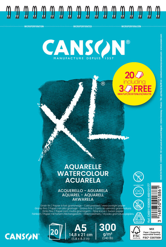 CANSON Album spiralé XL Aquarelle A5 300gr 20 feuilles dont 3 offertes