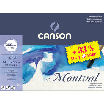 CANSON Bloc collé 1 côté Montval 24x32 300g grain fin 12+4 feuilles gratuites