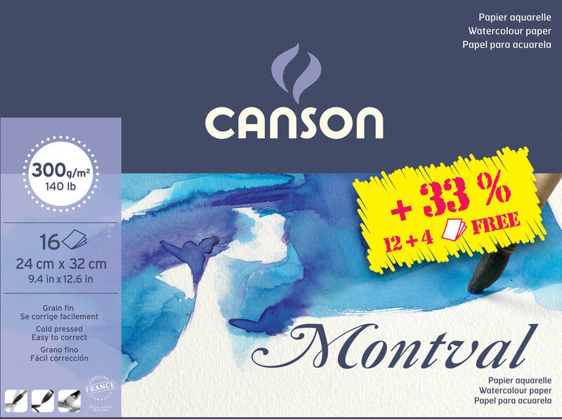 CANSON Bloc collé 1 côté Montval 24x32 300g grain fin 12+4 feuilles gratuites