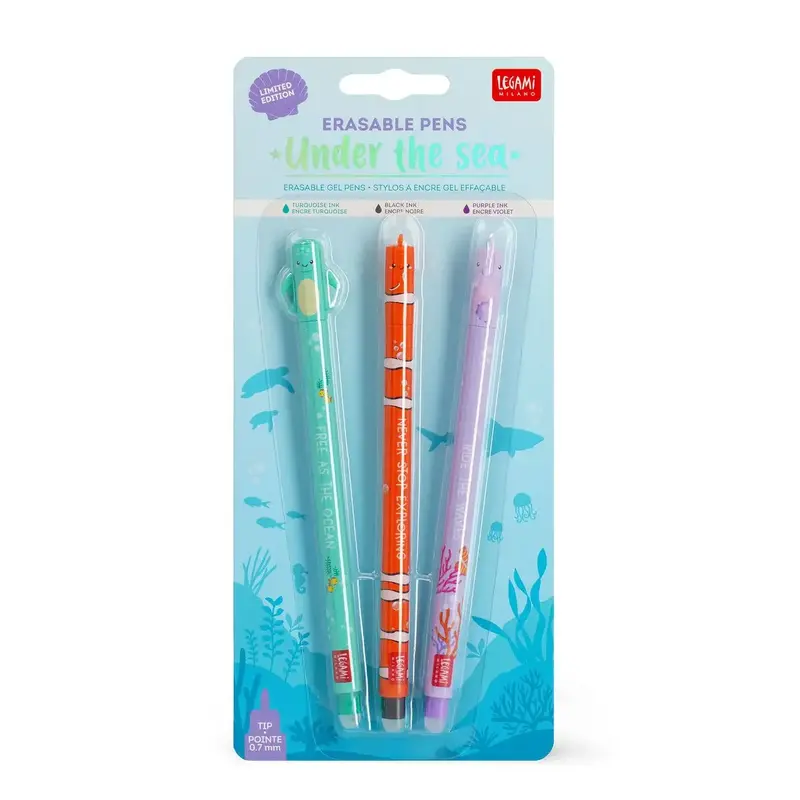 LEGAMI Set Of 3 Erasable Gel Pens - Under The Sea - Sea Turtle + Clownfish + Seaho