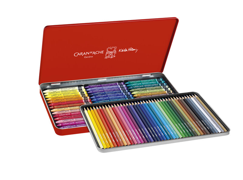 CARAN D'ACHE Boîte métal 42 pastels et 40 crayons aquarellables - Neocolor - Keith Haring Noël 2023