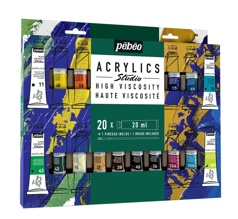 PEBEO Studio Acrylics etui 20 tubes de 20 ml assortis et pinceau