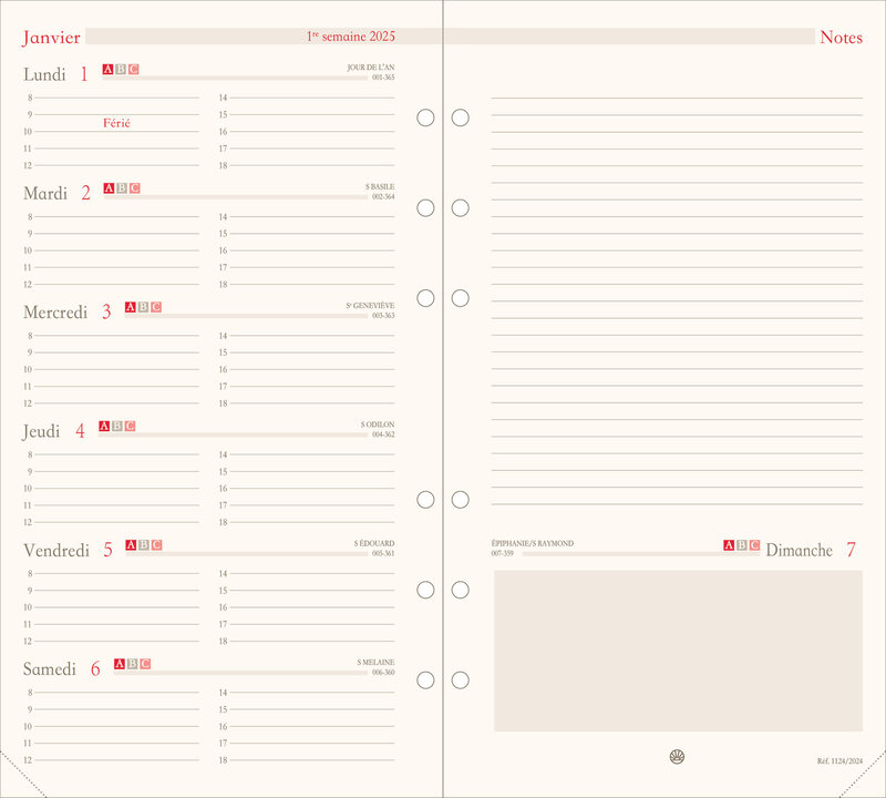 OBERTHUR Organiseur Recharge 17 Semainier 1 semaine sur 1 page + page de notes 2025