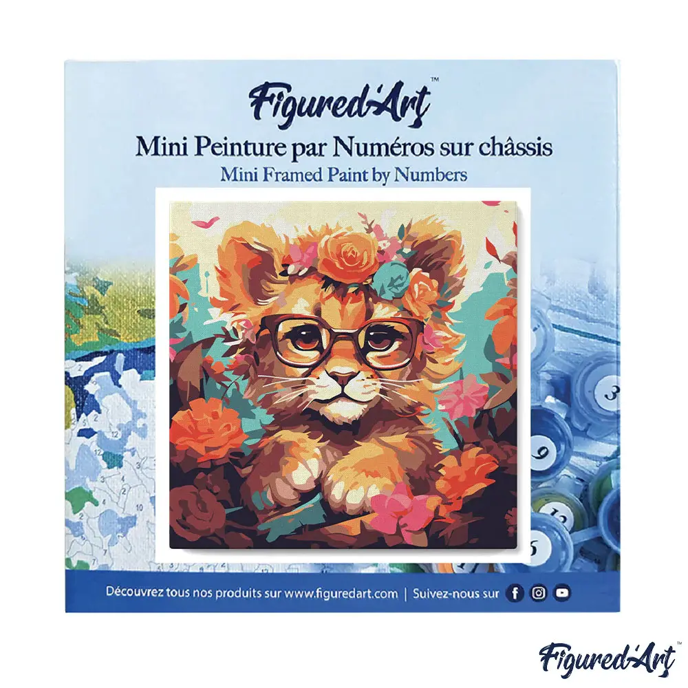 FIGURED'ART Mini Peinture par Numéros Lionceau Fantaisie Et Fleurs 20X20Cm Toile Tendue Sur Chassis