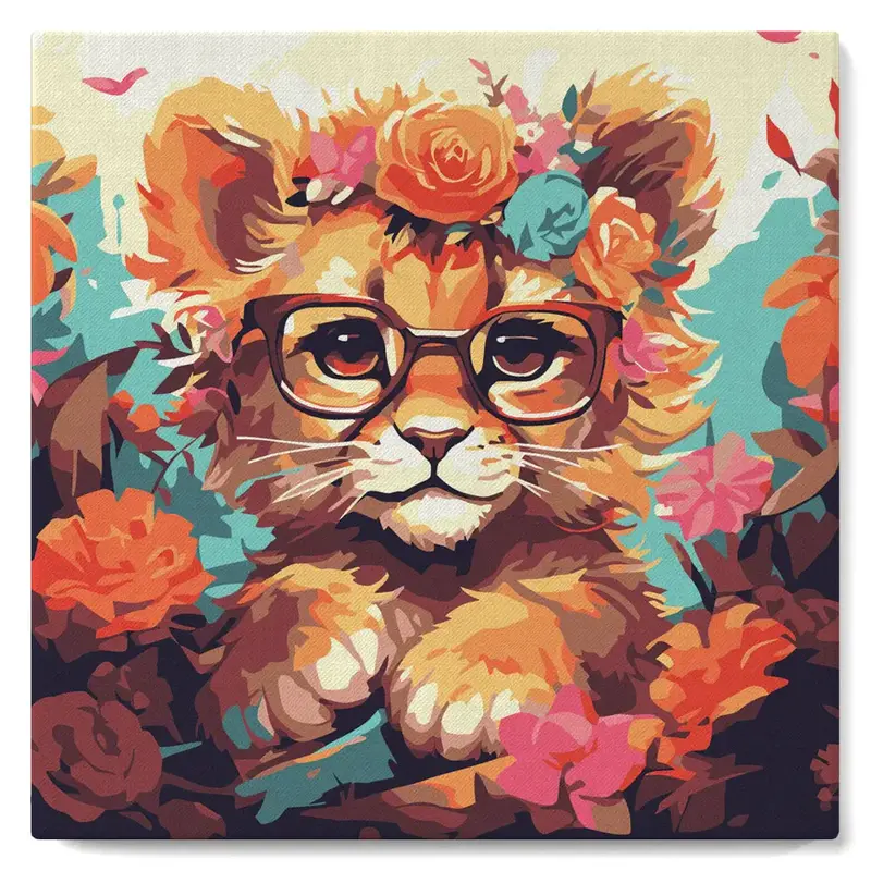 FIGURED'ART Mini Peinture par Numéros Lionceau Fantaisie Et Fleurs 20X20Cm Toile Tendue Sur Chassis