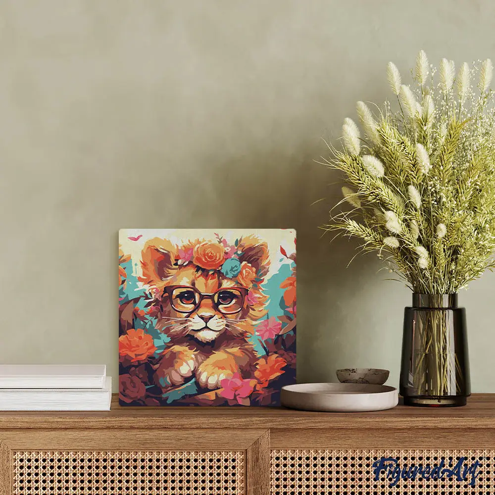 FIGURED'ART Mini Peinture par Numéros Lionceau Fantaisie Et Fleurs 20X20Cm Toile Tendue Sur Chassis