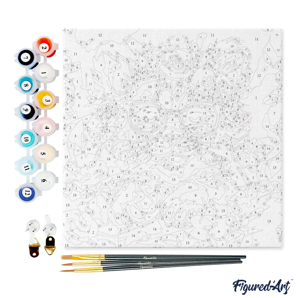 FIGURED'ART Mini Peinture par Numéros Lionceau Fantaisie Et Fleurs 20X20Cm Toile Tendue Sur Chassis