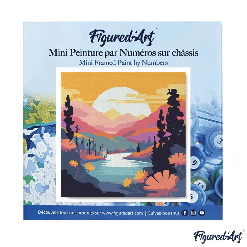FIGURED'ART Mini Peinture par Numéros Coucher De Soleil Coloré Au Bord Du Lac 20X20Cm Toile Tendue Sur Chassis