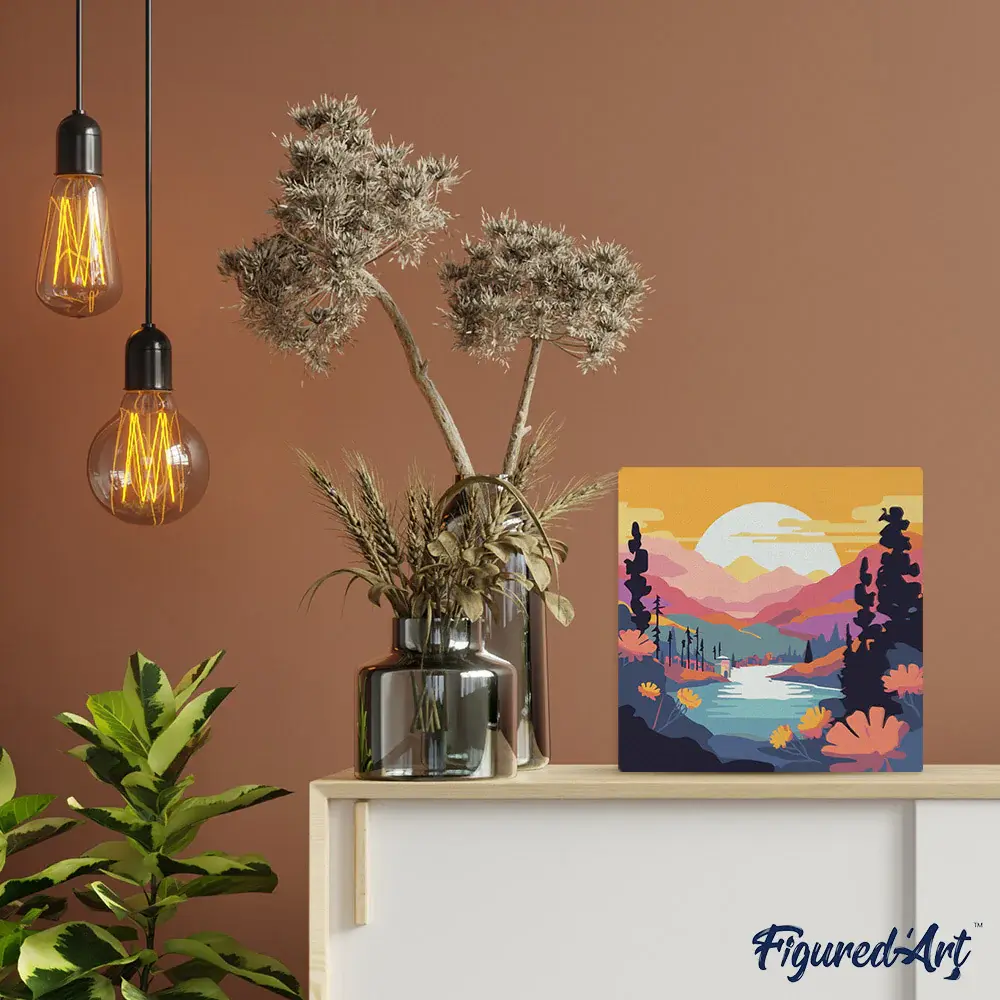 FIGURED'ART Mini Peinture par Numéros Coucher De Soleil Coloré Au Bord Du Lac 20X20Cm Toile Tendue Sur Chassis