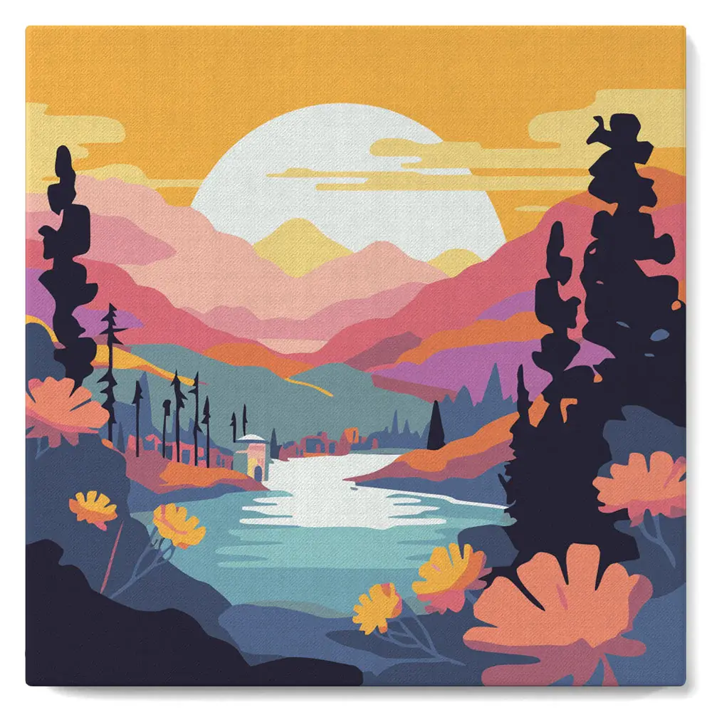 FIGURED'ART Mini Peinture par Numéros Coucher De Soleil Coloré Au Bord Du Lac 20X20Cm Toile Tendue Sur Chassis