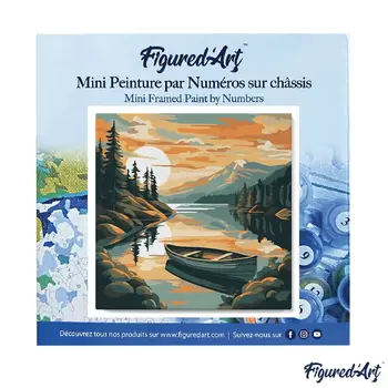 FIGURED'ART Mini Peinture par Numéros Lac De Montagne Et Canoë 20X20Cm Toile Tendue Sur Chassis