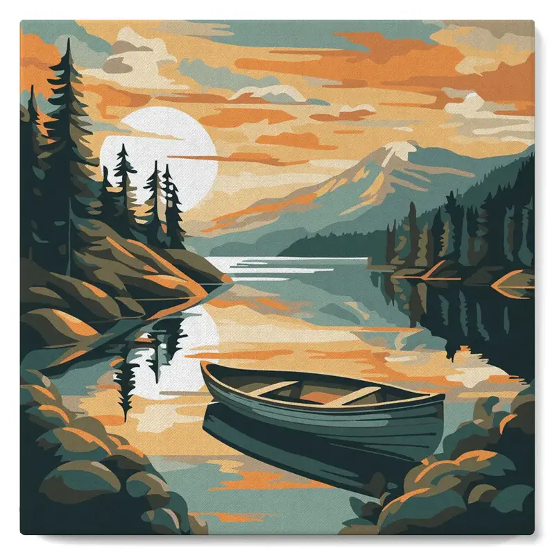 FIGURED'ART Mini Peinture par Numéros Lac De Montagne Et Canoë 20X20Cm Toile Tendue Sur Chassis