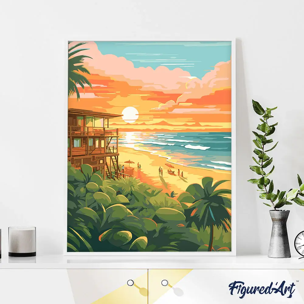 FIGURED'ART Peinture par numéros Club De Plage Au Coucher Du Soleil Taille 40X50Cm Toile Tendue Sur Chassis