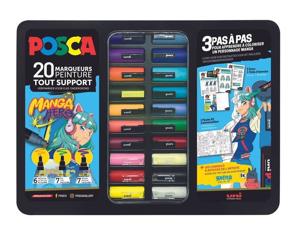 UNI-BALL Mallette Métal Noire 20 marqueurs Posca Pointes assorties Couleurs assorties Manga