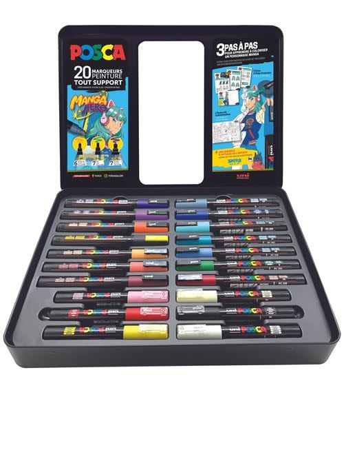 UNI-BALL Mallette Métal Noire 20 marqueurs Posca Pointes assorties Couleurs assorties Manga