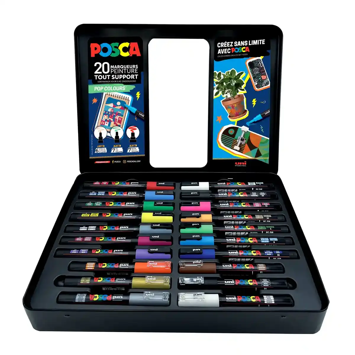 UNI-BALL Mallette Métal Noire 20 marqueurs Posca Pointes assorties Couleurs assorties Pop Colours