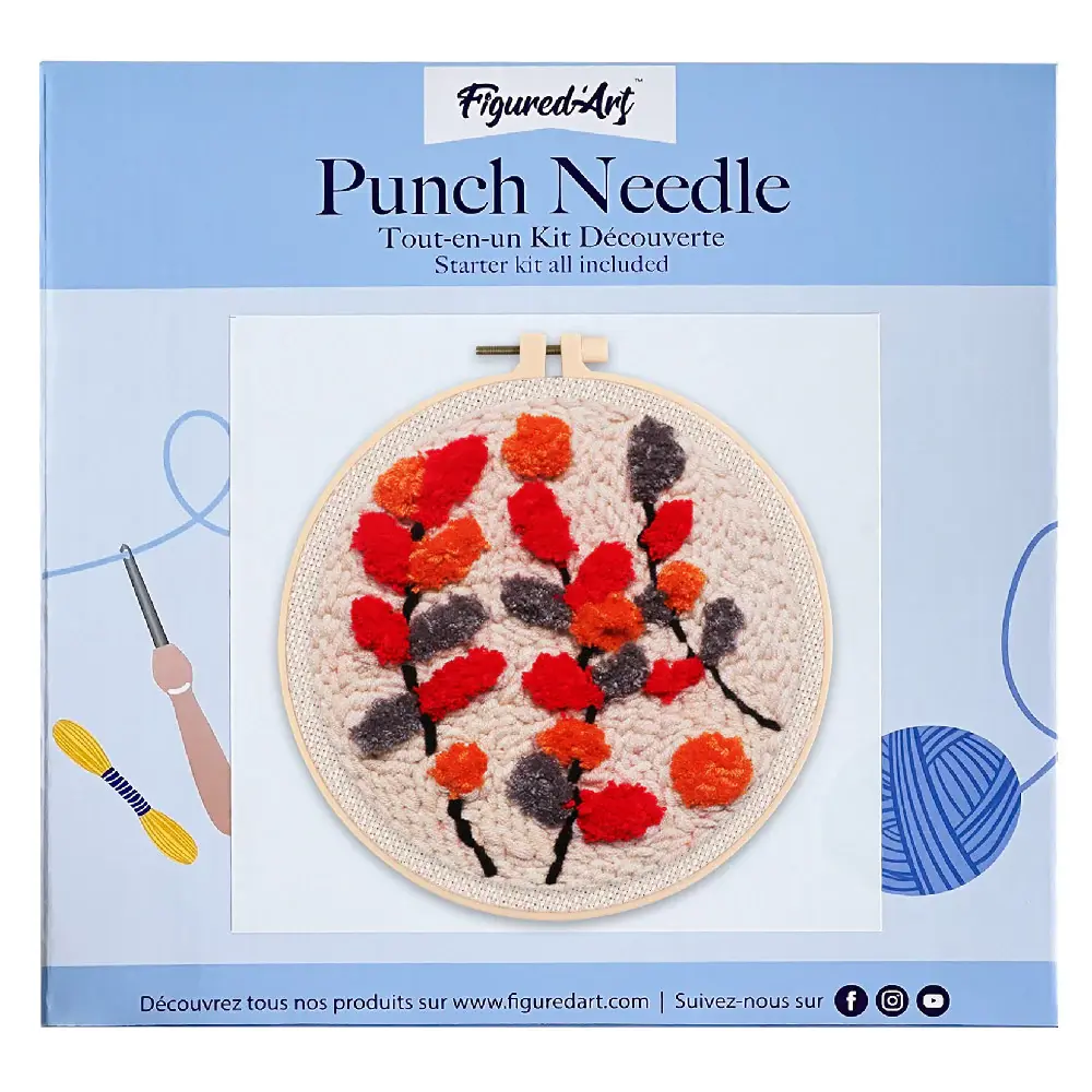 FIGURED'ART Punch Needle Branches colorées sur fond beige taille 20x20cm avec cadre
