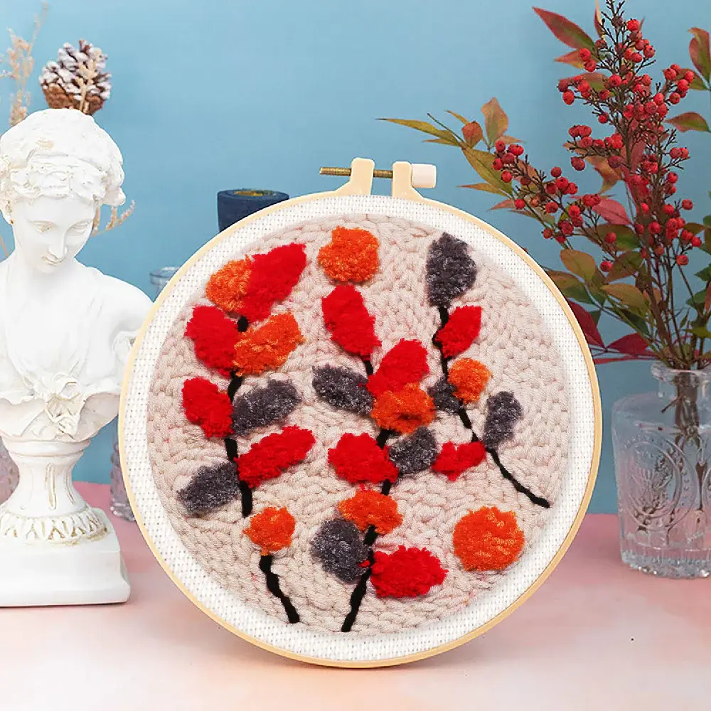 FIGURED'ART Punch Needle Branches colorées sur fond beige taille 20x20cm avec cadre