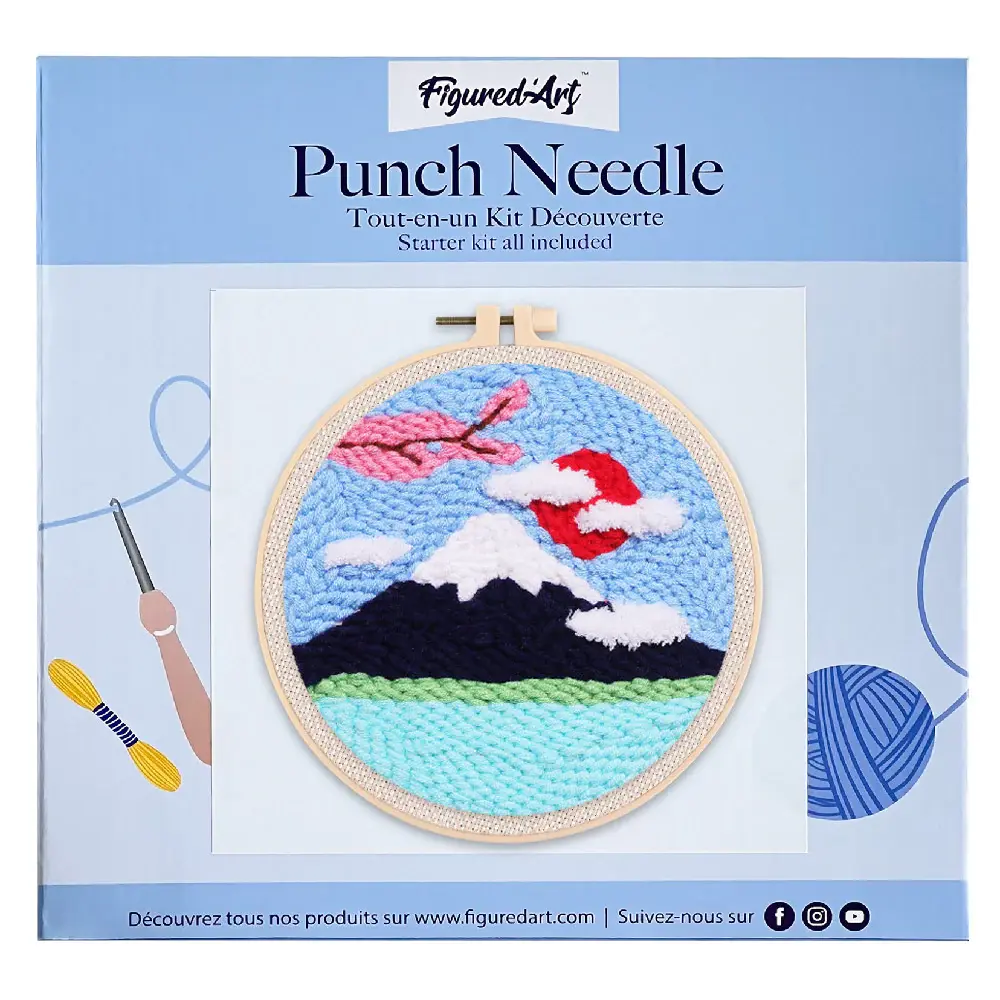 FIGURED'ART Punch Needle Le Mont Fuji et Cerisier taille 20x20cm avec cadre