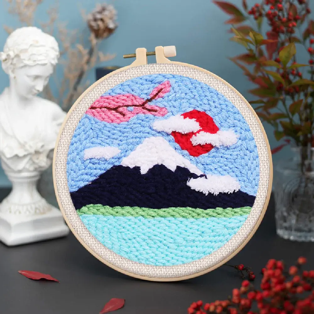 FIGURED'ART Punch Needle Le Mont Fuji et Cerisier taille 20x20cm avec cadre