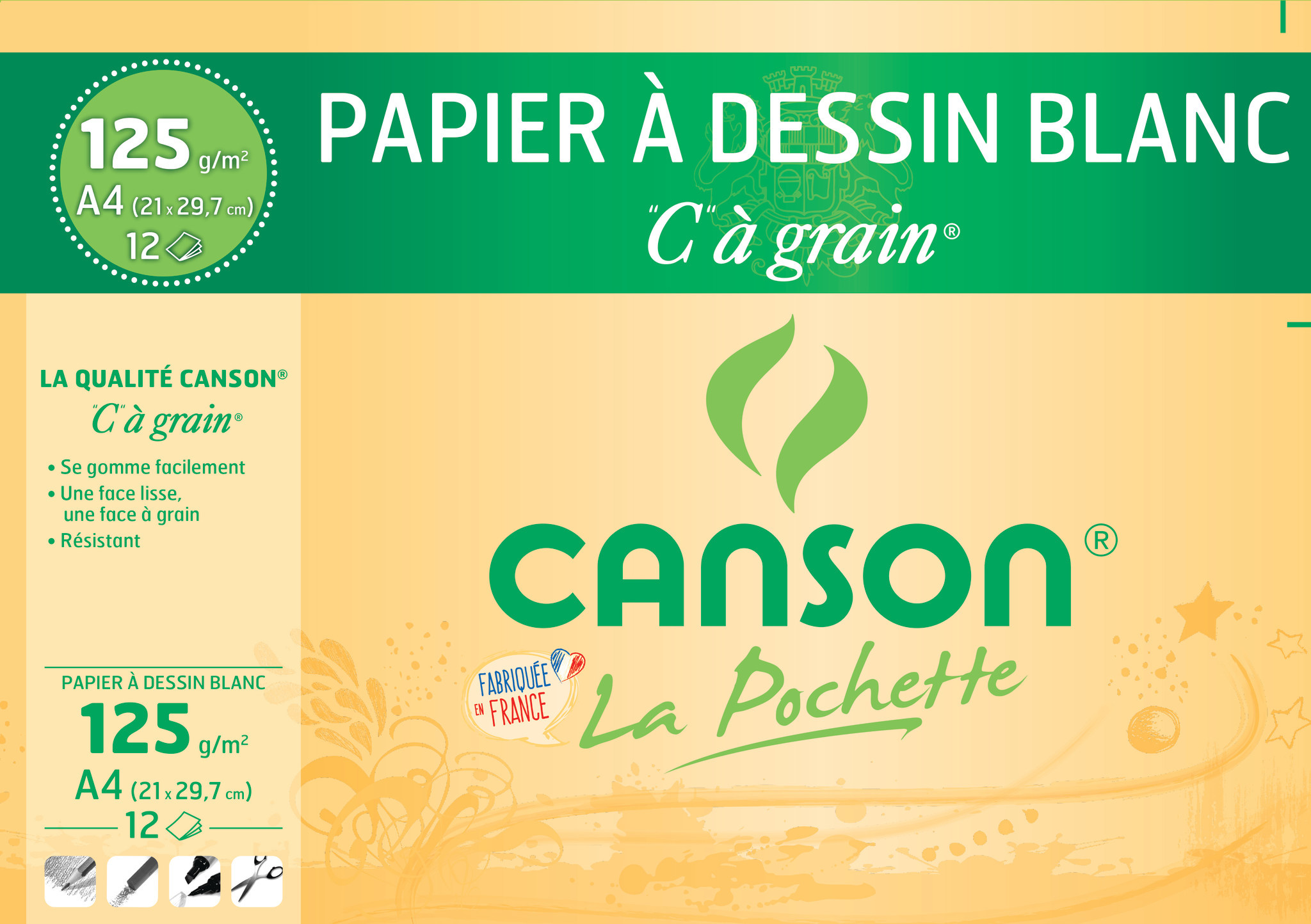 CANSON Pochette Canson® Papier À Dessin Blanc 'C' À Grain® A4 12Fl 125G/M²