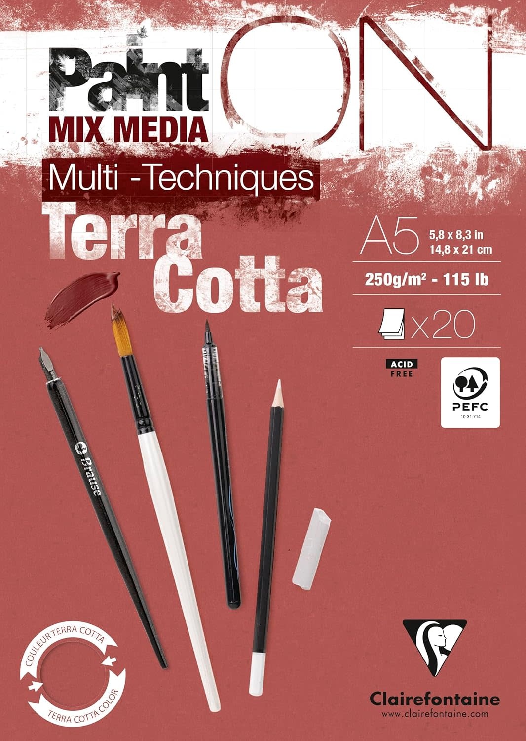 CLAIREFONTAINE Bloc Paint'ON Terracotta collé 20 feuilles A5 250g