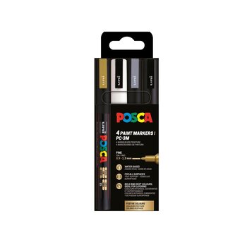 UNI-BALL Posca Pochette 4 Marqueurs PC3M Or/Argent/Blanc/Noir