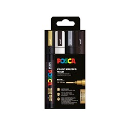 UNI-BALL Posca Pochette 4 Marqueurs Pc5M Or/Argent/Blanc/Noir