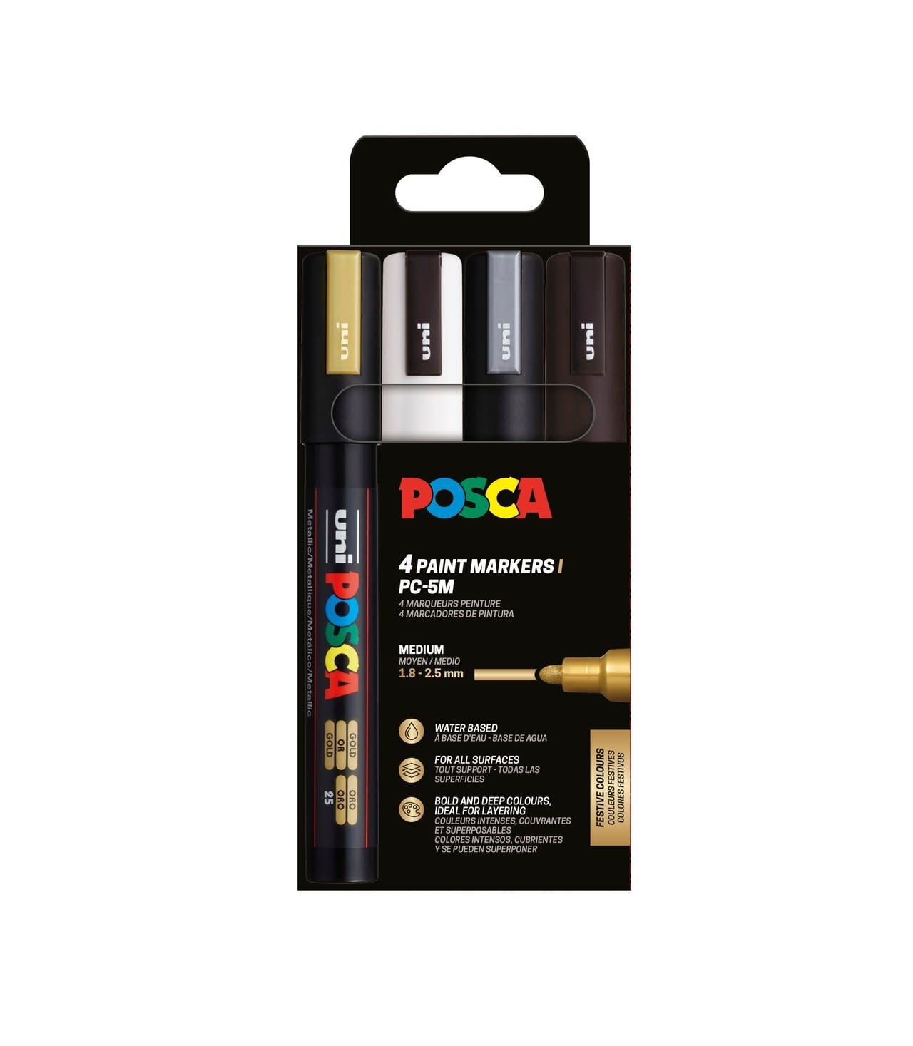 UNI-BALL Posca Pochette 4 Marqueurs Pc5M Or/Argent/Blanc/Noir