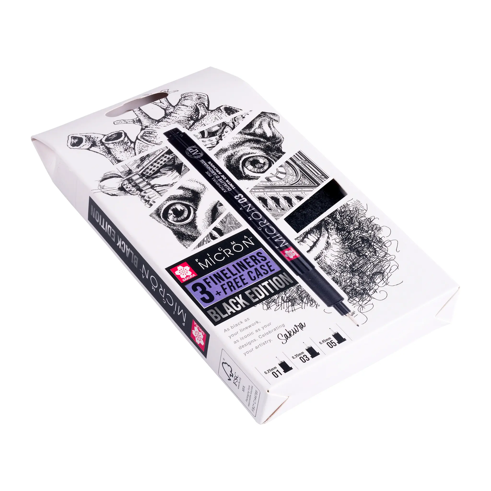 SAKURA Set 3 Sakura Pigma Micron Black Edition + étui à stylo offert