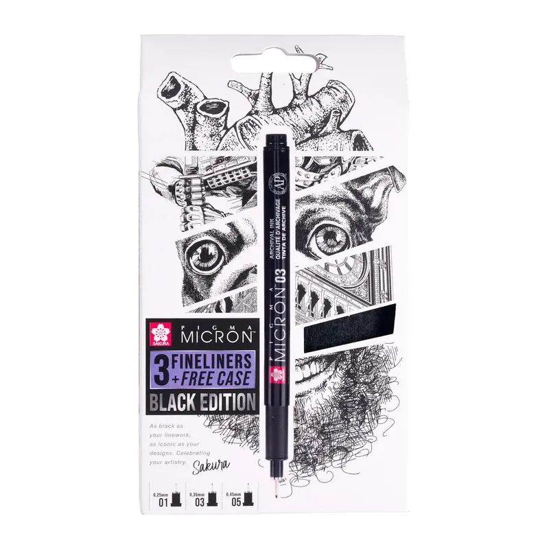SAKURA Set 3 Sakura Pigma Micron Black Edition + étui à stylo offert