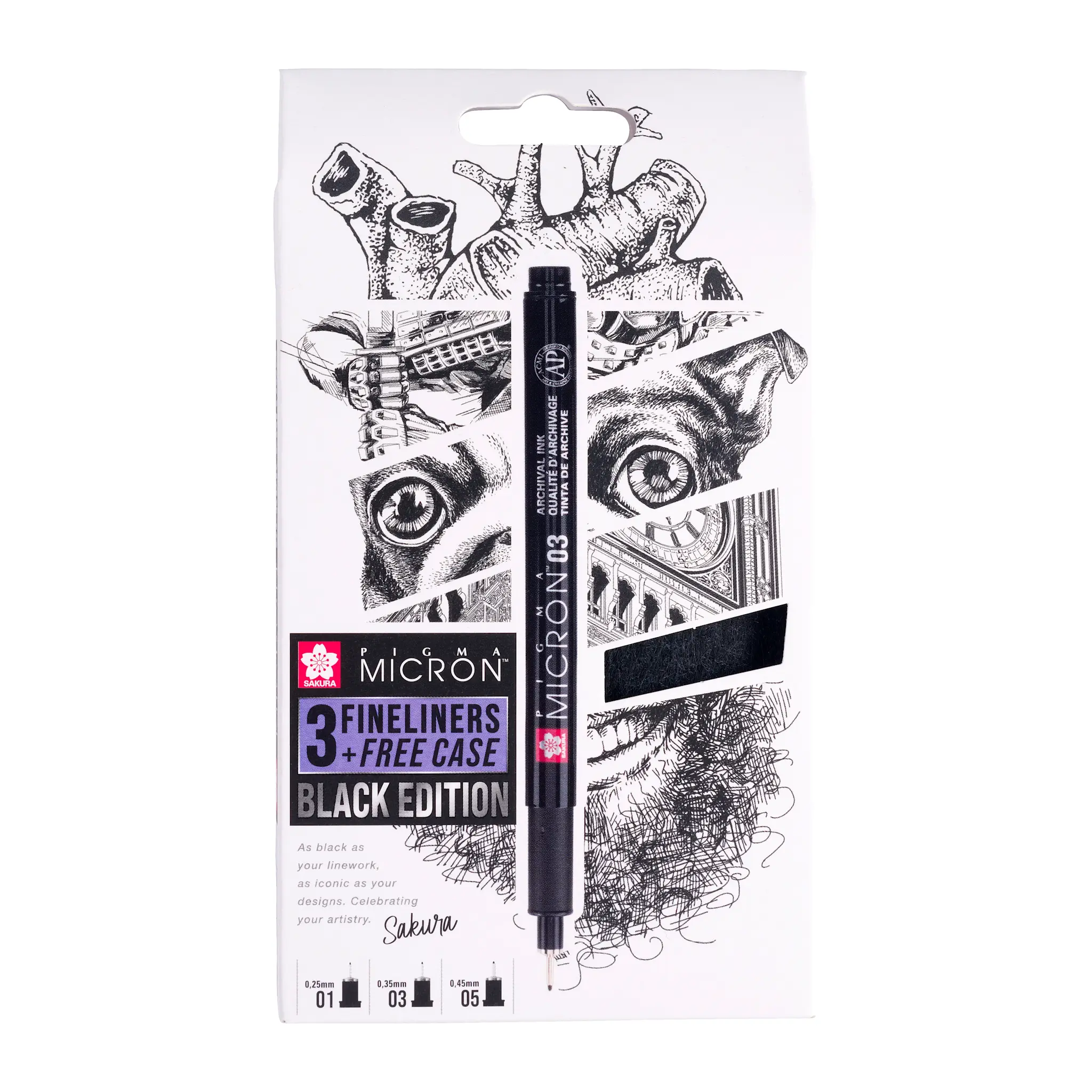 SAKURA Set 3 Sakura Pigma Micron Black Edition + étui à stylo offert