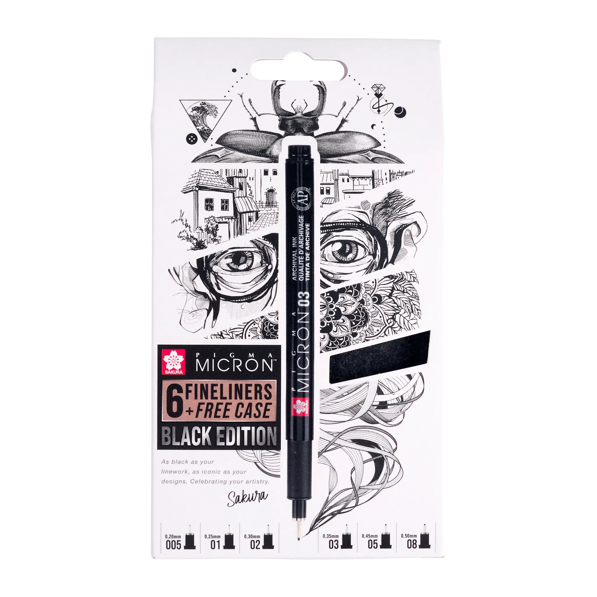 SAKURA Set 6 Sakura Pigma Micron Black Edition + étui à stylo offert