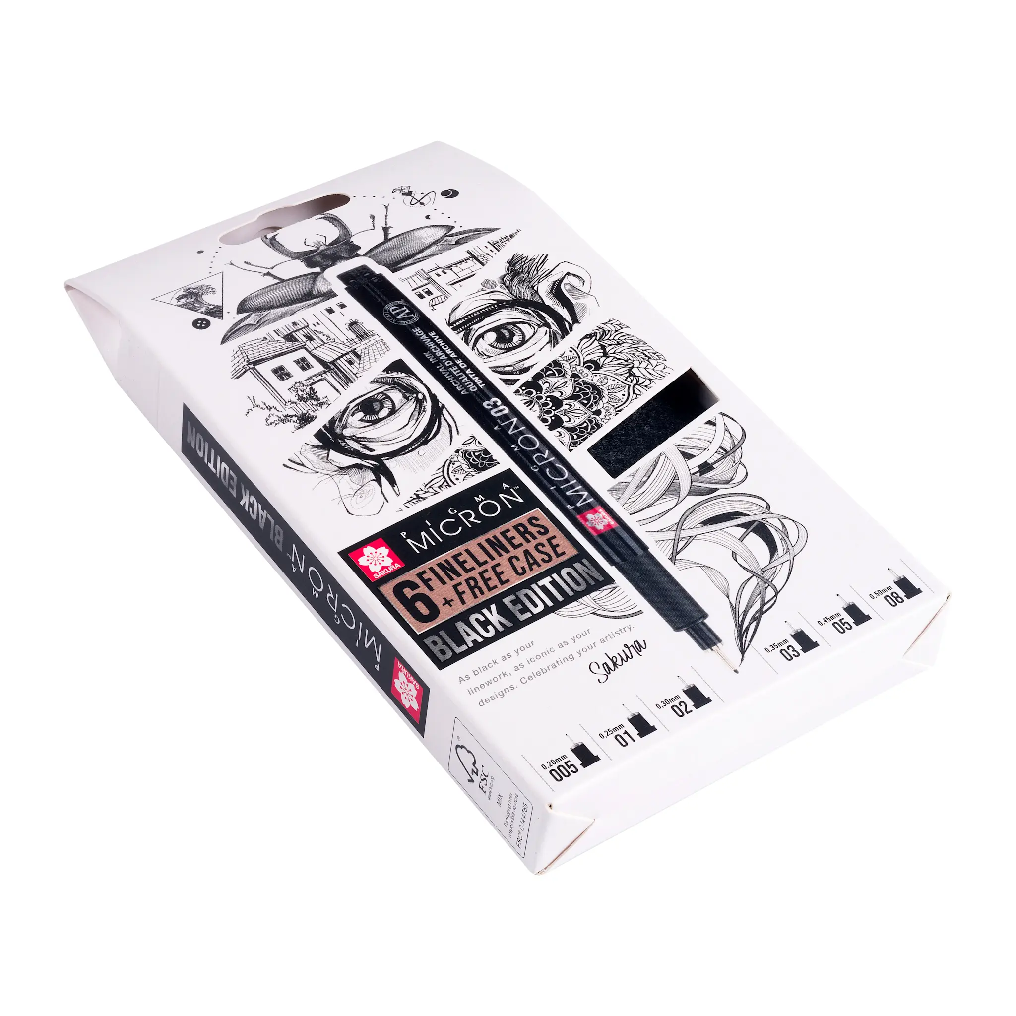 SAKURA Set 6 Sakura Pigma Micron Black Edition + étui à stylo offert
