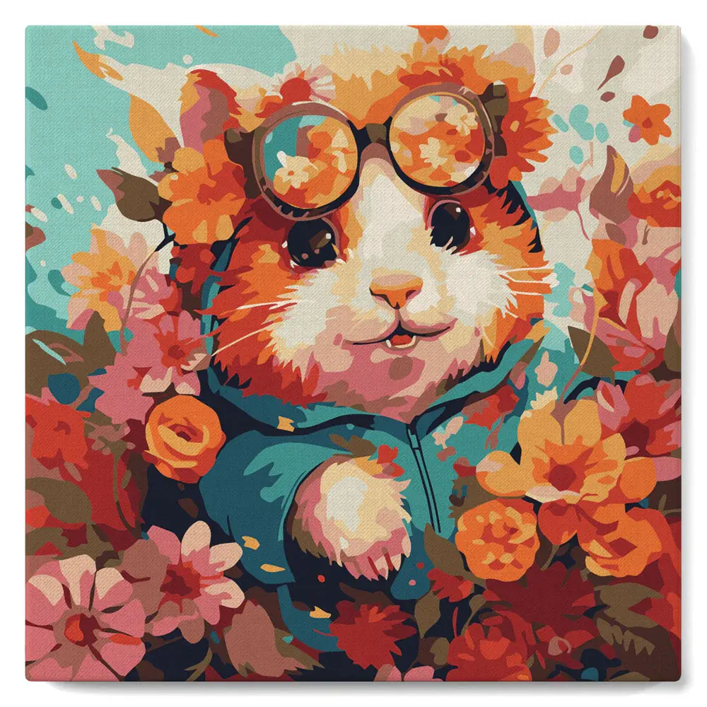 FIGURED'ART Mini Peinture par Numéros Hamster Fantaisie Et Fleurs 20X20Cm Toile Tendue Sur Chassis