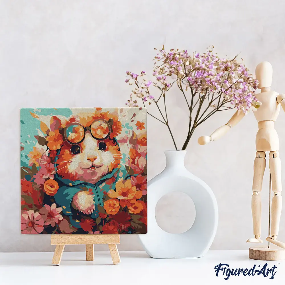 FIGURED'ART Mini Peinture par Numéros Hamster Fantaisie Et Fleurs 20X20Cm Toile Tendue Sur Chassis