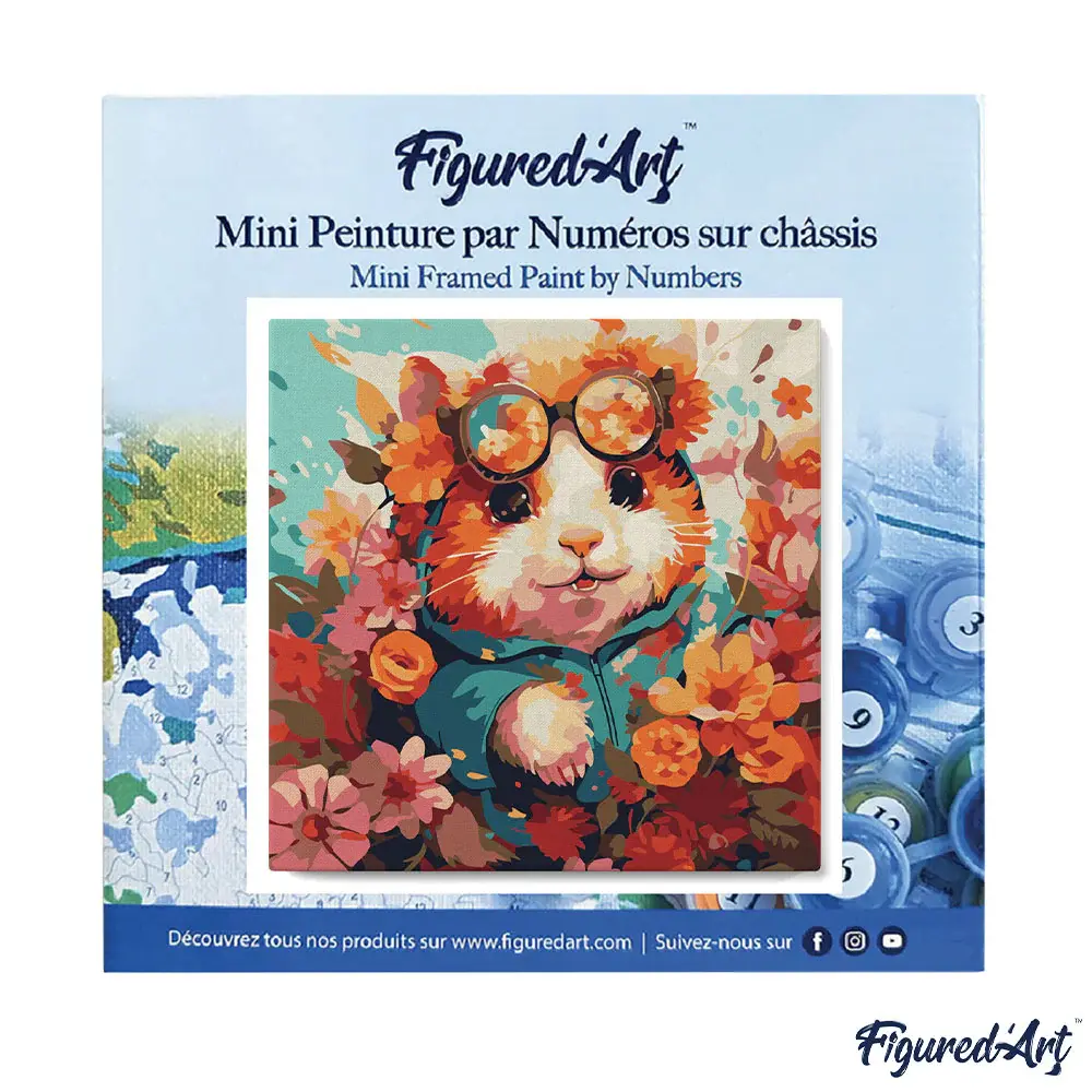 FIGURED'ART Mini Peinture par Numéros Hamster Fantaisie Et Fleurs 20X20Cm Toile Tendue Sur Chassis