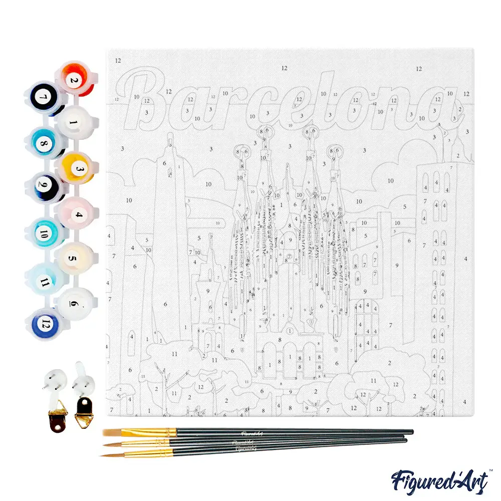 FIGURED'ART Mini Peinture par Numéros Sagrada À Barcelone 20X20Cm Toile Tendue Sur Chassis