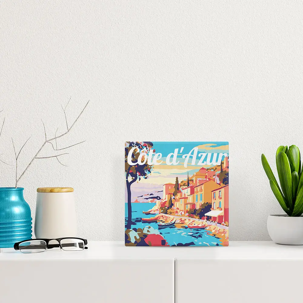 FIGURED'ART Mini Peinture par Numéros Côte D'Azur 20X20Cm Toile Tendue Sur Chassis