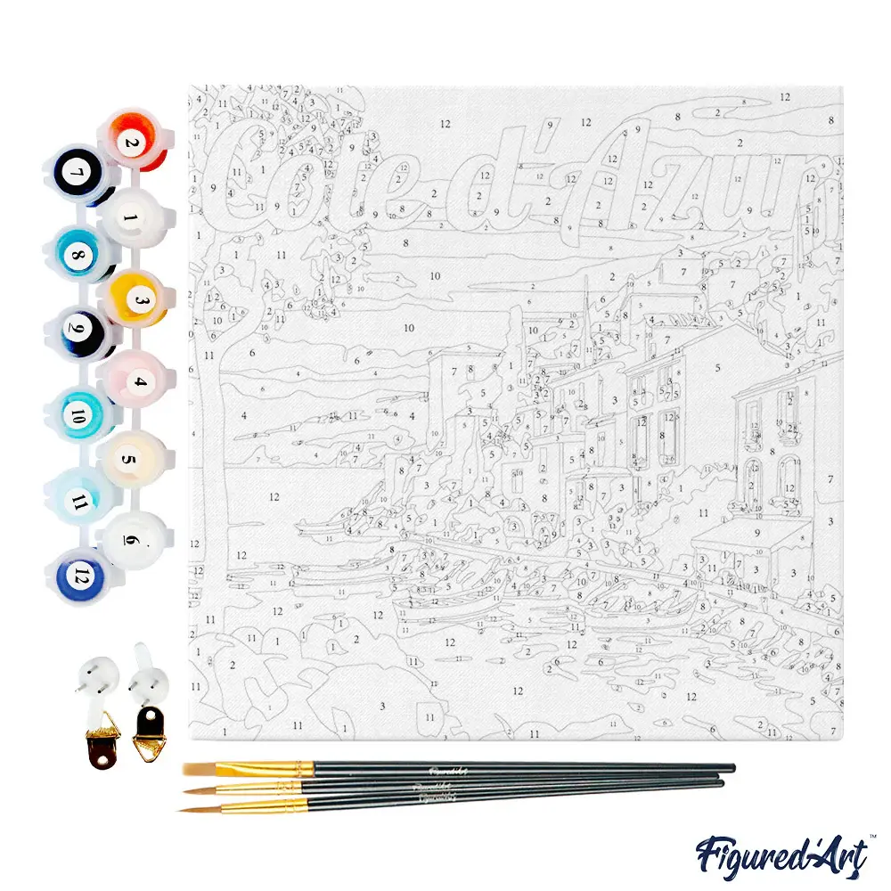 FIGURED'ART Mini Peinture par Numéros Côte D'Azur 20X20Cm Toile Tendue Sur Chassis