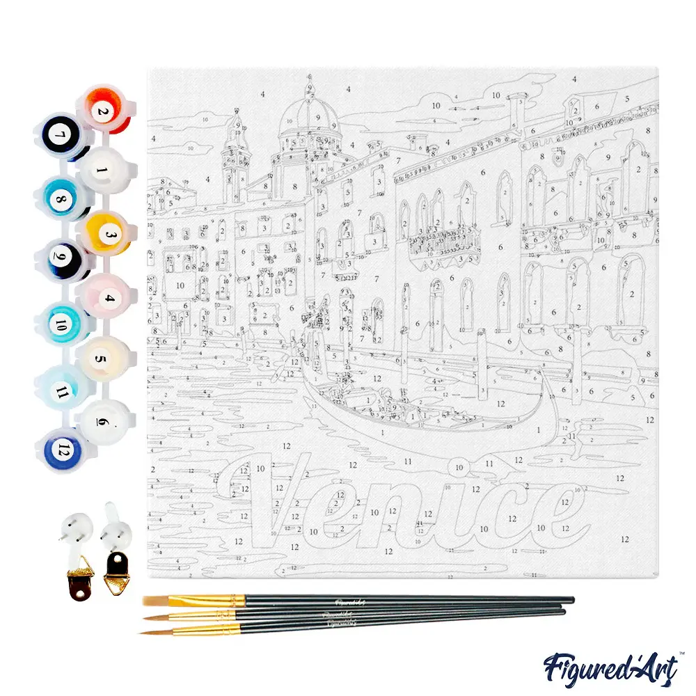 FIGURED'ART Mini Peinture par Numéros Gondoles À Venise 20X20Cm Toile Tendue Sur Chassis