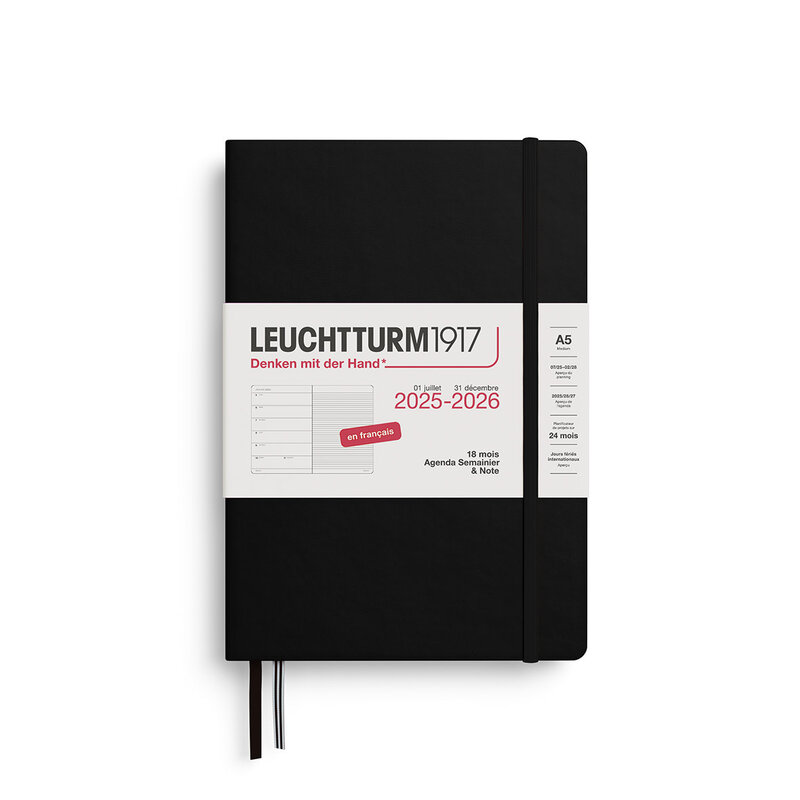 LEUCHTTURM 1917 Agenda Semainier & Carnet de notes Medium (A5) 2025-2026 Noir 18 mois Français