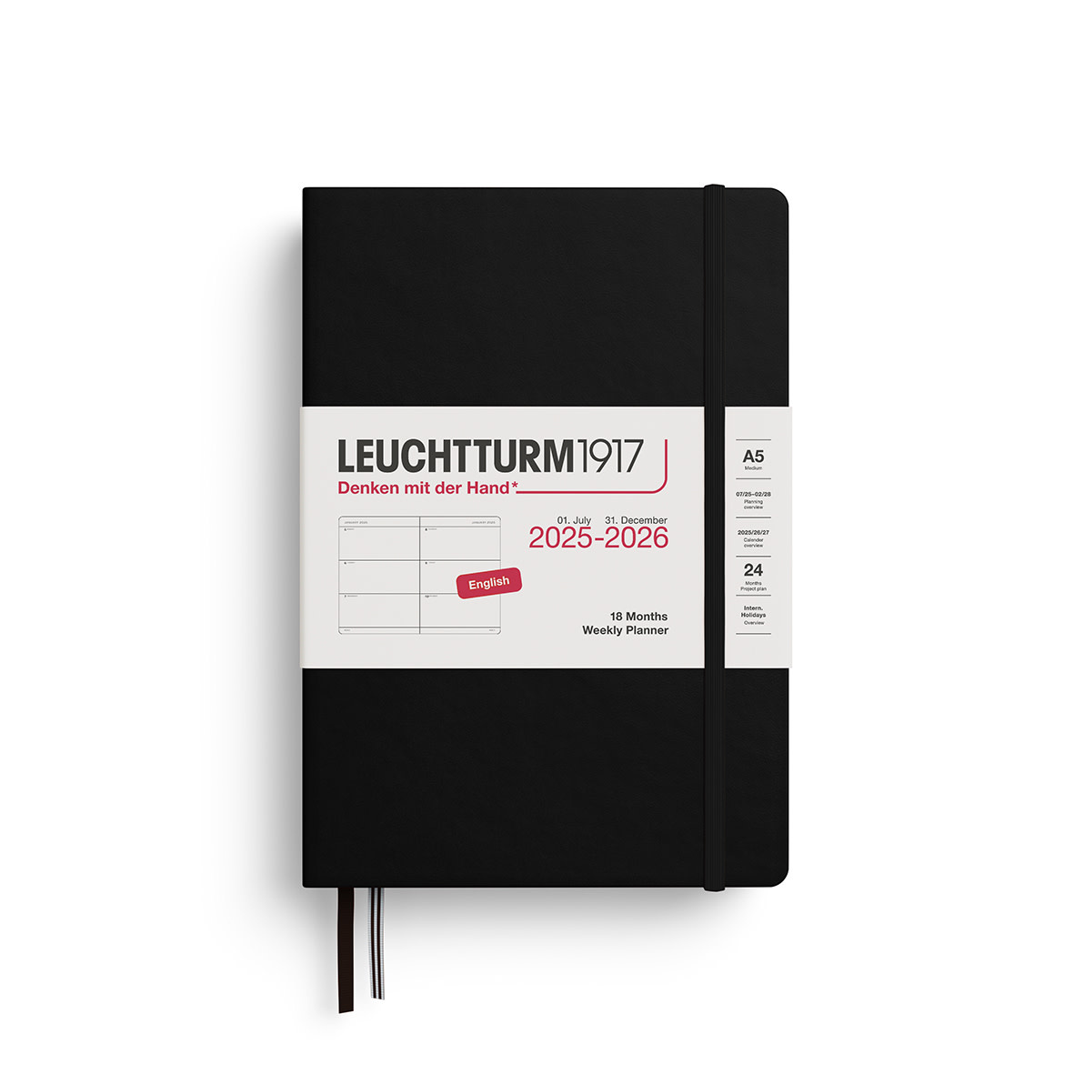 LEUCHTTURM 1917 Agenda Semainier Horizontal Medium (A5) 2025-2026 Noir 18 mois Anglais