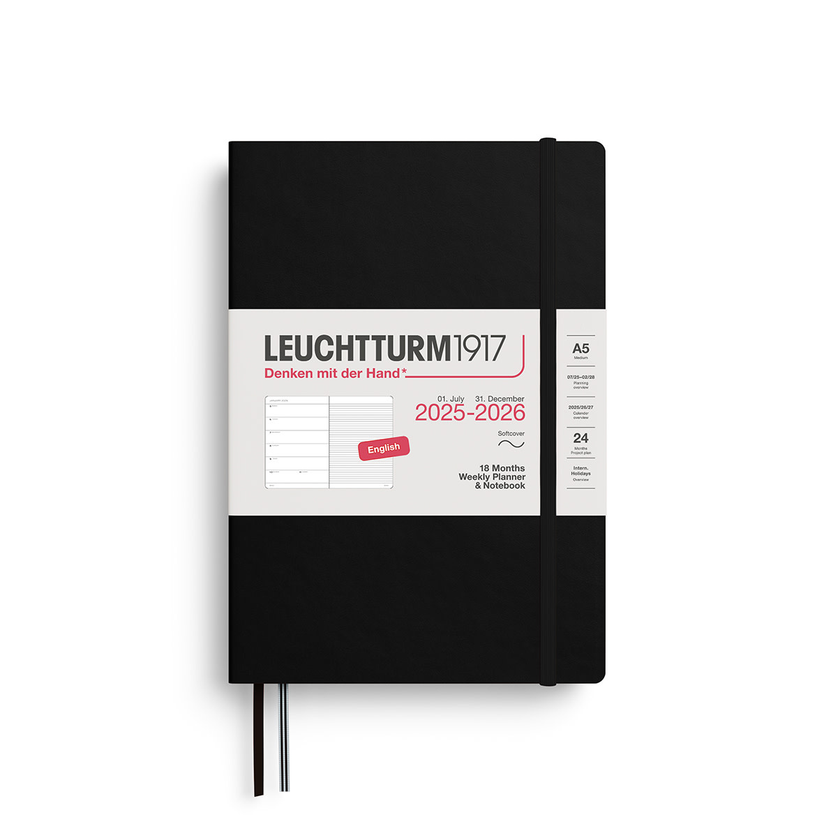 LEUCHTTURM 1917 Agenda Semainier & Carnet de notes Medium (A5) 2025-2026 Couverture souple Noir 18 mois Anglais