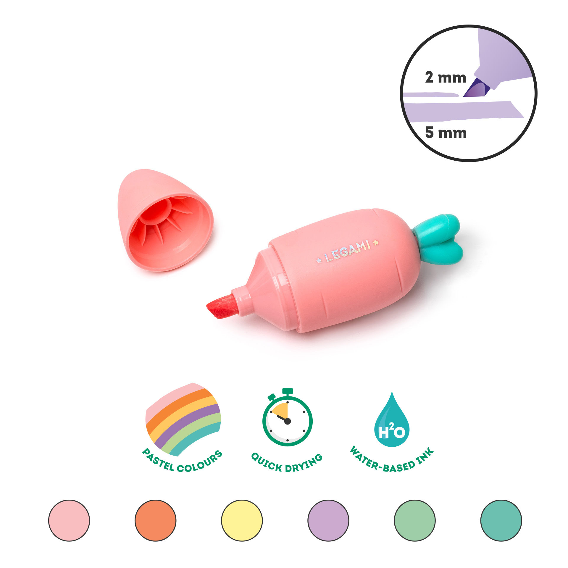 LEGAMI Set Of 6 Mini Highlighters - Carrate Team - Carrot