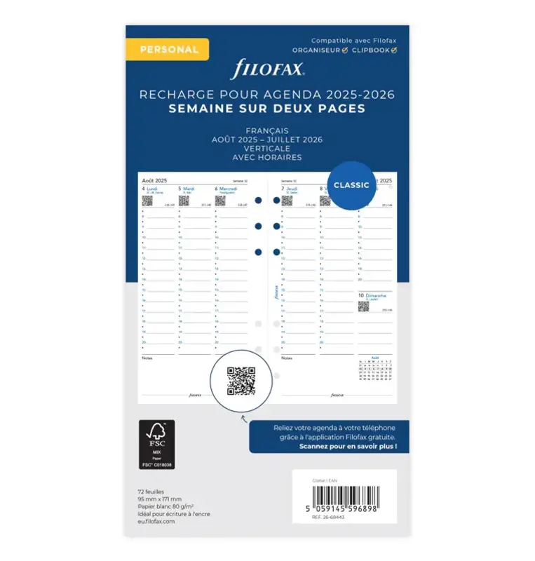 FILOFAX Recharge aout 2025-juillet 2026 1  semaine sur 2  pages français Personal