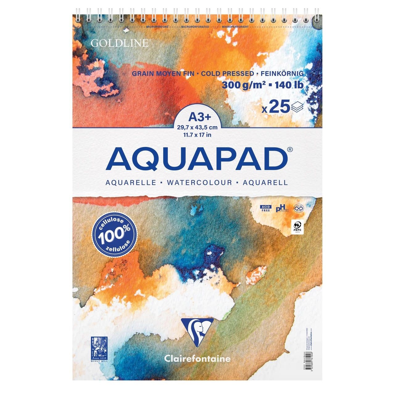 CLAIREFONTAINE Aquapad bloc reliure intégrale A3+ 25F 300g