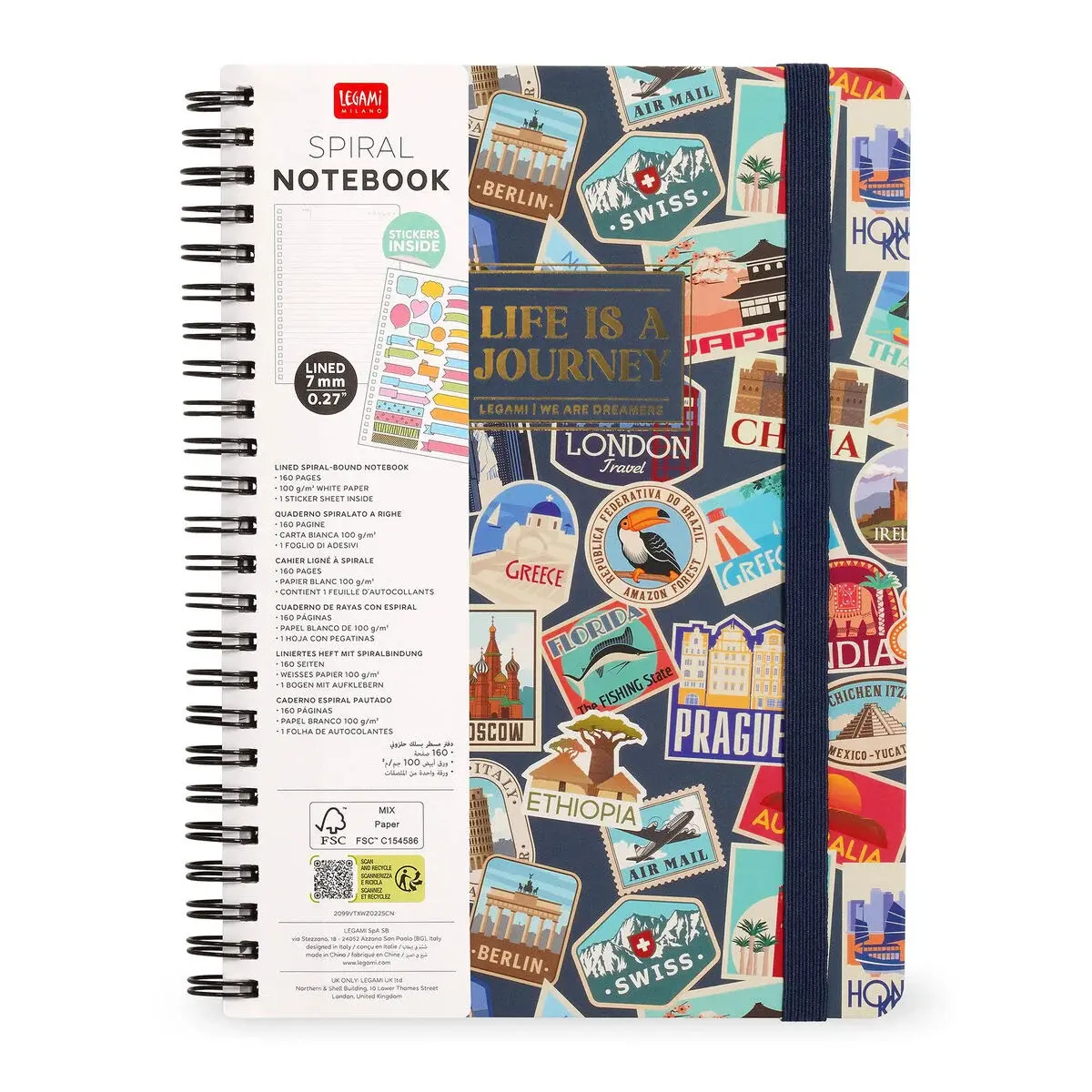 LEGAMI Lined Spiral-Bound Notebook - Spiral Notebook - Maxi - Travel Stickers