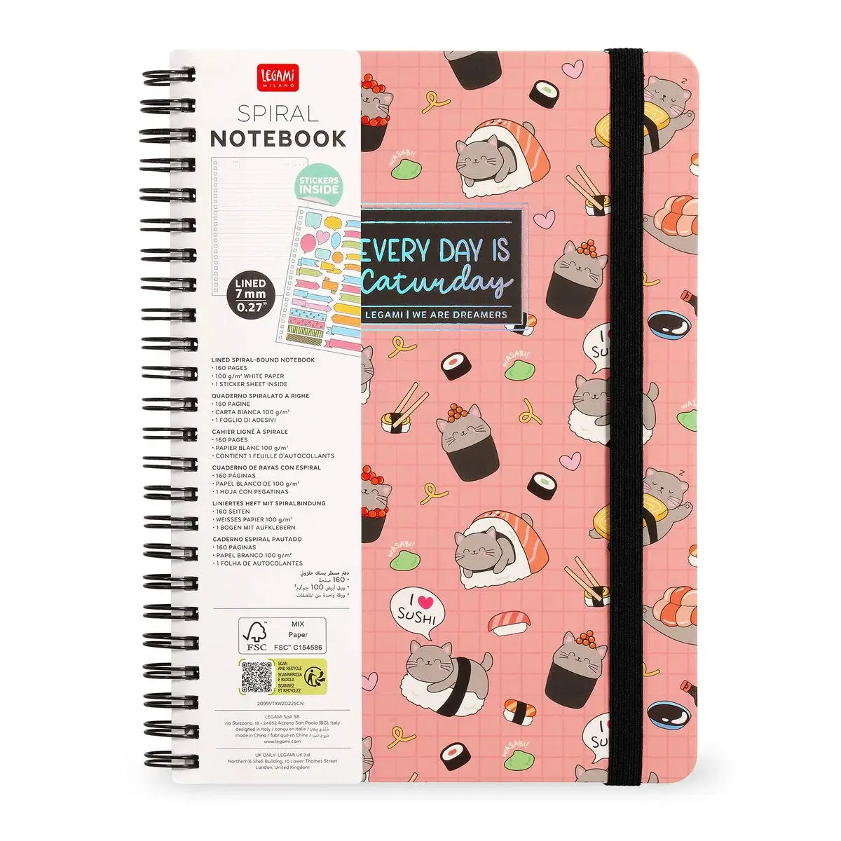 LEGAMI Lined Spiral- Bound Notepad - Spiral Notebook - Maxi - Sushi Cat